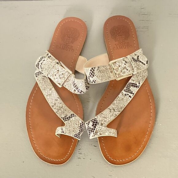 Vince Camuto Size 8M VP-Tadd Leather Sandals Gray Snakeskin Tan Boho EUC - Picture 1 of 7